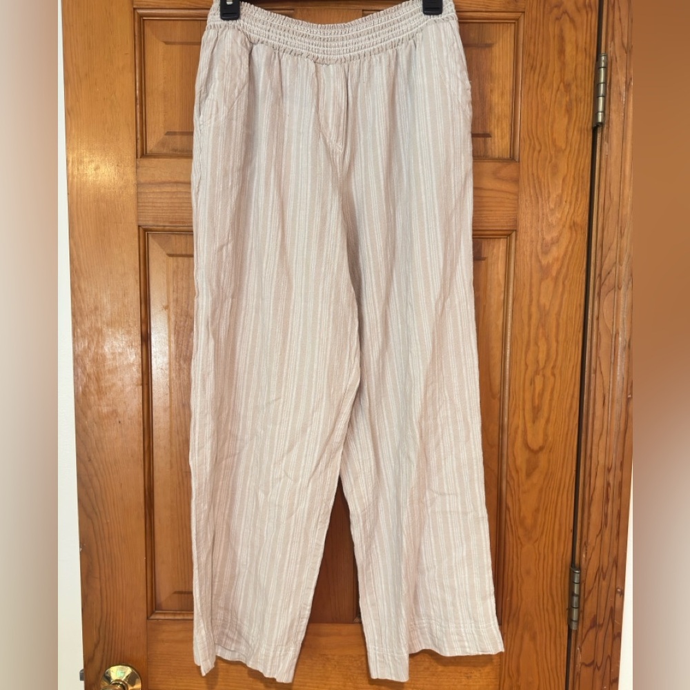 Women's Striped Cream Fall Pull On Linen Pants